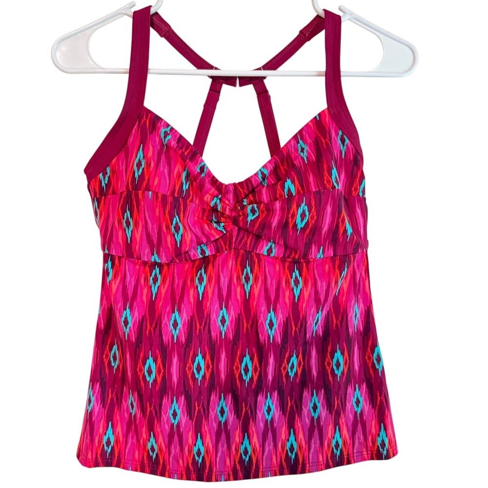 Title Nine Pele Tankini Swim Top Pink Blue Ikat Print 34D Bra Size Swimsuit
